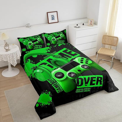 Feelyou Gamer Comforter Sets for Boys Teens Gaming Comforter King Size Kids Video Game Comforter Set Green Black Room Decor Headphone Gamepad Bedding Set Reversible Quilt for All Season 3Pcs Boys