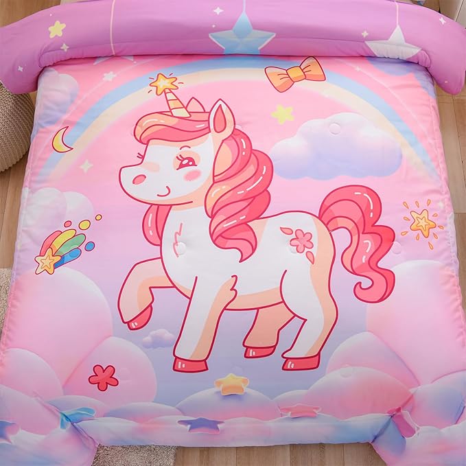 Aimuan Girls Unicorn Comforter Set 3 Pieces Pink Purple Bedding Set with Rainbow Star Galaxy Stars Fantasy Children Room Decor Soft Reversible Bed Sets for Boys/Girls/Teens (Pink Full3Pcs)