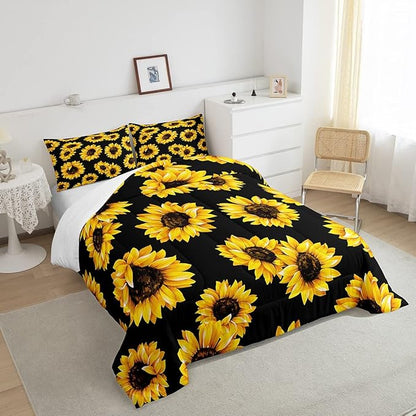 3D floral Comforter Set Queen for Kids Girls Women Yellow Flowers Bedding Set Sunflower Pattern Decor Quilted Duvet Set Botanical Floral Print on Black Down Comforter Garden Bloom Bed with pillowcases