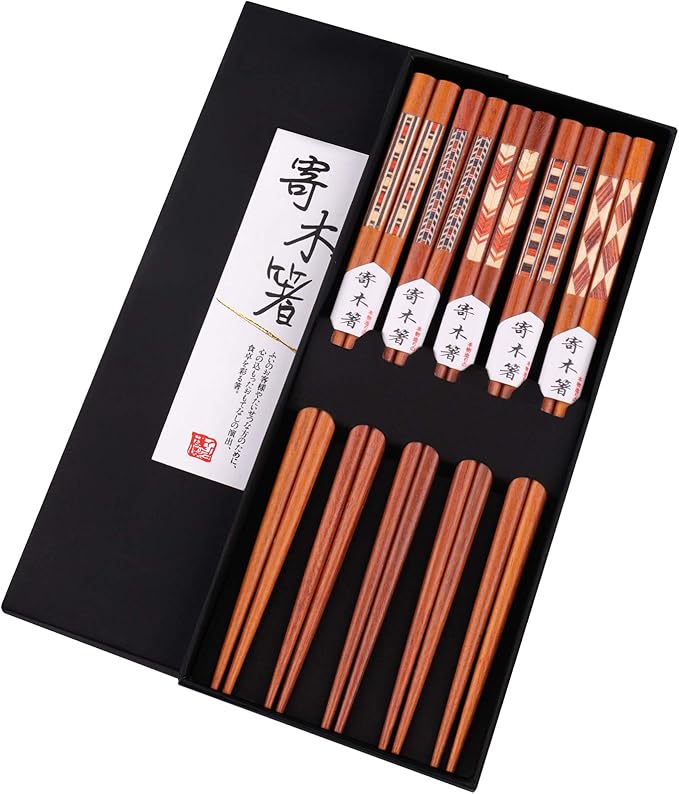 GLAMFIELDS Reusable Chopsticks Japanese Natural Wooden 5 Pairs Classic Style Lightweight Safe Chop Sticks 8.8 Inch/22.5cm Gift Set