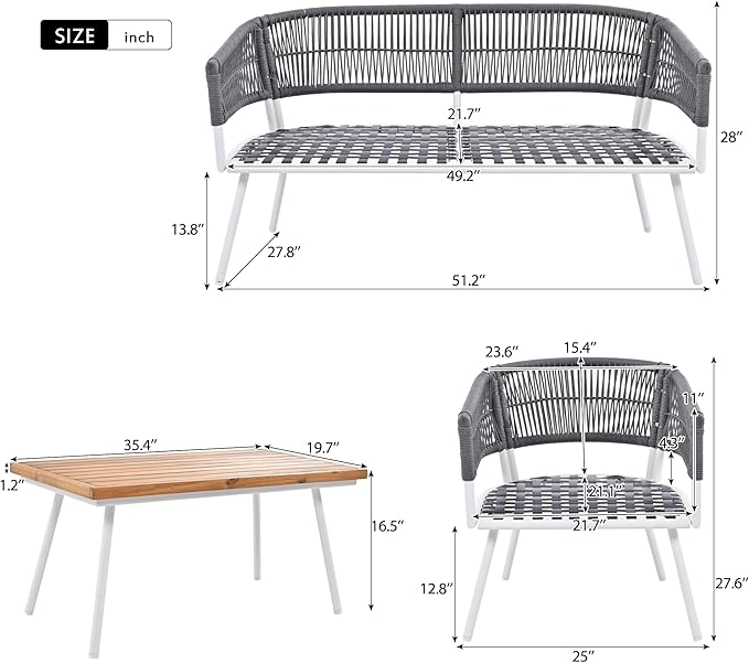 4-Piece Outdoor Patio Furniture Boho Rope Weave Set, Conversation Loveseat Sofa&Chairs with Acacia Wood Table and Thick Cushions, for Garden Backyard Balcony, Onesize, Beige