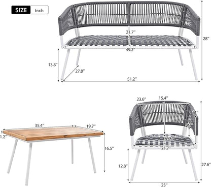 4-Piece Outdoor Patio Furniture Boho Rope Weave Set, Conversation Loveseat Sofa&Chairs with Acacia Wood Table and Thick Cushions, for Garden Backyard Balcony, Onesize, Navy Blue