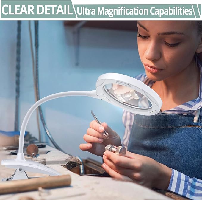 COLFULINE Magnifying Lamp 5X 10X, 2-in-1 Rechargeable Magnifying Glass with Light, LED Magnifying Light with Base & Clamp and Touch Button for Reading, Working, Crafts, 3 Adjustable Brightness