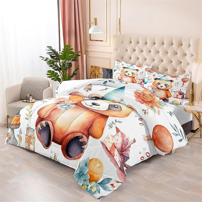 Brown Panda Bedding Set - Boys Girls Kids Cute Panda Pattern Comforter Set Full Size 3Pcs Kawaii Lovely Animals Theme Quilt Cover Set White Panda Bedding Set with 1 Comforter Set with 2 Pillowcases