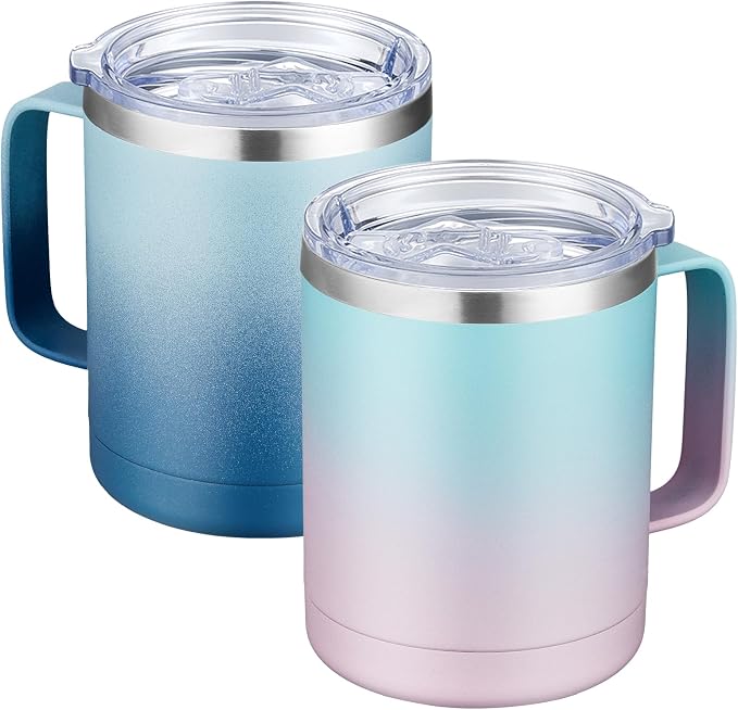 MEWAY 12oz Coffee Mug With Handle 2 Pack Bulk,Stainless Steel Insulated Travel Tumblers With Sliding Lid,Double Wall Vacuum Camping Cup for Hot & Cold Drinks Tea (Bubble Gum&Blue Waves,Set of 2)
