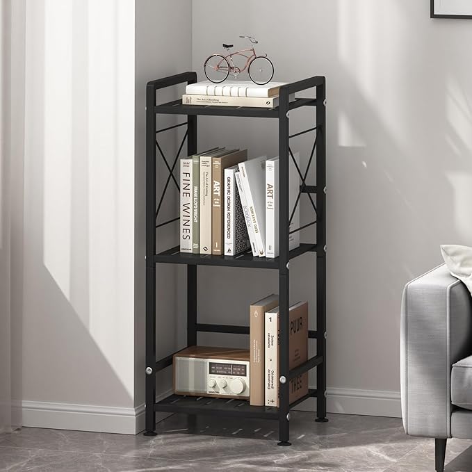 JSB 3 Tier Metal Bookshelf Bathroom Storage Standing Shelf Unit Kitchen Storage Organizer Display Rack Bookcases Shelves for Living Room, Bedroom, Office (Black, 3 Tier)