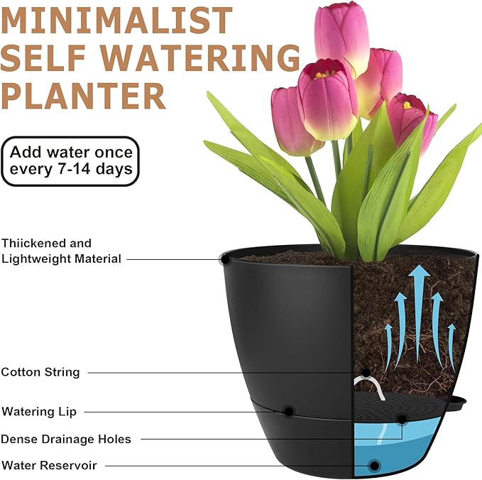 Plant Pots 10/9/8/7.5/7 Inch Self Watering Pots, Set of 5 Plastic Planters with Drainage Holes and Saucers,Plastic Flower Pots,Nursery Planting Pot for Indoor Out Door Plants(All Black)