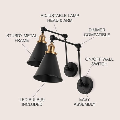 JONATHAN Y JYL7462A-SET2 Rover 7" Farmhouse Industrial Adjustable Arm Metal LED Wall Sconce Rustic Bohemian 2700K 4W Bulb for Entryway Lobby Kitchen Bathroom Bedroom Hallway, Black (Set of 2)
