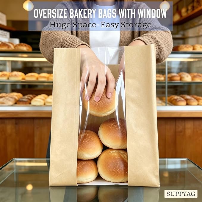 Extra Large Paper Bread Bags for Homemade Bread with Window & Sticker for XL Sourdough Breads, Round Loaf, Baked Goods, Oval Loaves, Brown Kraft - 20 Pcs 16x10x5 Inch