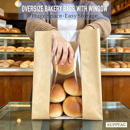 Extra Large Paper Bread Bags for Homemade Bread with Window & Sticker for XL Sourdough Breads, Round Loaf, Baked Goods, Oval Loaves, Brown Kraft - 20 Pcs 16x10x5 Inch