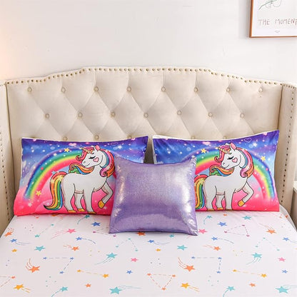 Aimuan Girls Unicorn Comforter Set 6 Pieces Pink Purple Bedding Set with Rainbow Star Galaxy Stars Fantasy Children Room Decor Soft Reversible Bed Sets for Boys/Girls/Teens (Pink-purple Full6Pcs)