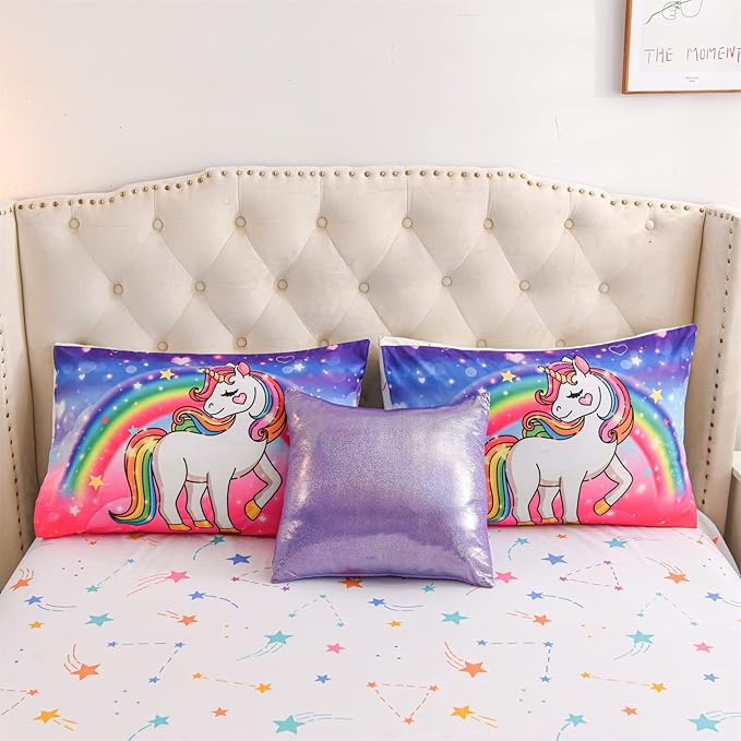 Aimuan Girls Unicorn Comforter Set 6 Pieces Pink Purple Bedding Set with Rainbow Star Galaxy Stars Fantasy Children Room Decor Soft Reversible Bed Sets for Boys/Girls/Teens (Pink-purple Twin6Pcs)
