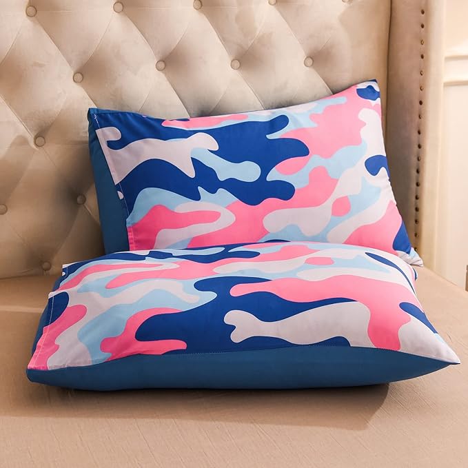 Meeting Story Camouflage Bedding Set, Colorful Pattern Style Queen Camouflage Comforter Set, 3 PCS 1 Comforter and 2 Pillowcases in 1 Bag, All Season Bedspread for Kids Teens Adults (Blue, Queen)