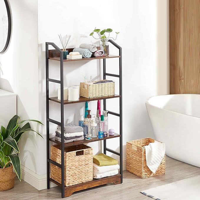 Vagusicc 4 Tier Bookshelf with 2 Storage Baskets, Tall Bookcase Shelf Storage Organizer Wood Book Shelf, Modern Shelf Rack Shelves with Steel Frame, Multipurpose Bookshelf for Bedroom Living Room