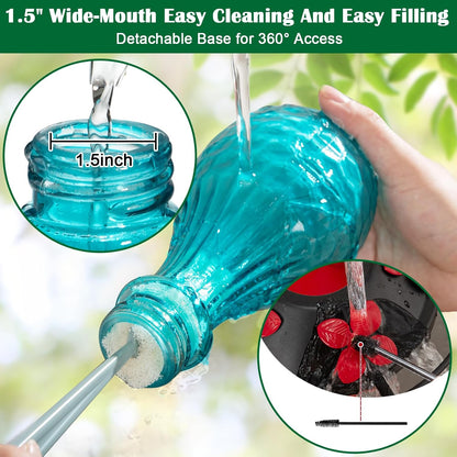 Blown Glass Hummingbird Feeder, Blue, 20 oz | Hand-blown glass hummingbird feeder for outdoor hanging, hot air balloon design, leak-proof seal, ant moat, garden decor