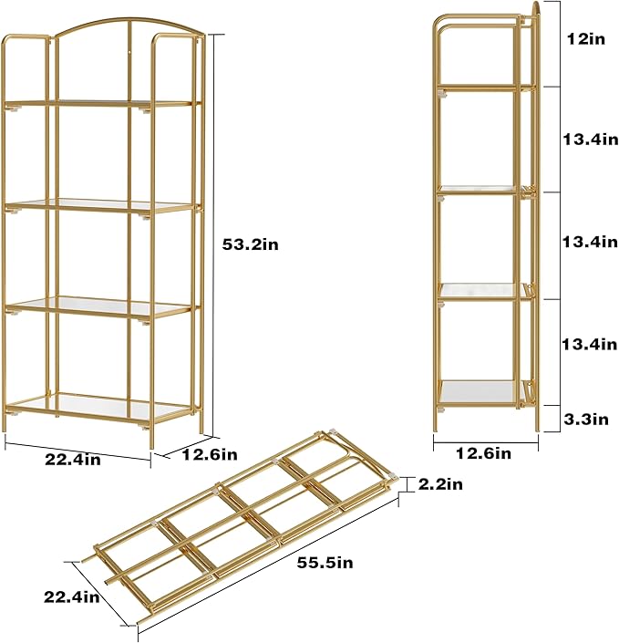 No Assembly Folding Bookshelf, 4 Tier Gold Bookshelf, Metal Book Shelf for Storage, Folding Bookcase for Office Organization and Storage, 12.6" D x 22.44" W x 55.51" H