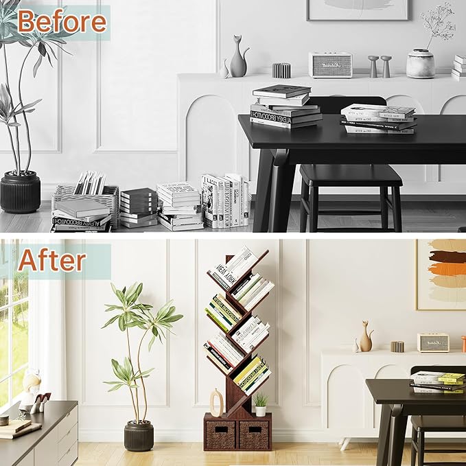 Vagusicc 6 Tier Tree Bookshelf - Retro Shelf Floor Standing Bookcase with Baskets, Tall Wood Book Storage Rack for Books/CDs, Tree Utility Book Organizer Shelves for Living Room, Home Office, Bedroom
