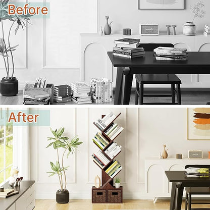 Vagusicc 6 Tier Tree Bookshelf - Retro Shelf Floor Standing Bookcase with Baskets, Tall Wood Book Storage Rack for Books/CDs, Tree Utility Book Organizer Shelves for Living Room, Home Office, Bedroom