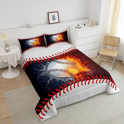 Erosebridal Baseball Comforter Set Kids Baseball Full Bedding Set for Teen Boys Sports Games Bedding Comforter Sets Red Blue Water Fire Quilted Duvet Sport Theme Bedroom Dorm Decor 2 Pillowcases
