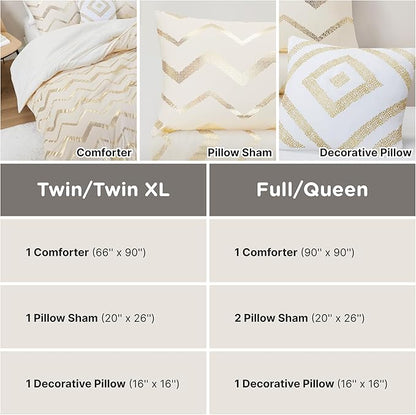 Codi Cream White and Gold Comforter Set for Twin/Twin XL Size, Cute Metallic Ivory Bed Sets, 3 Piece (1 Matching Sham + 1 Decorative Pillow)