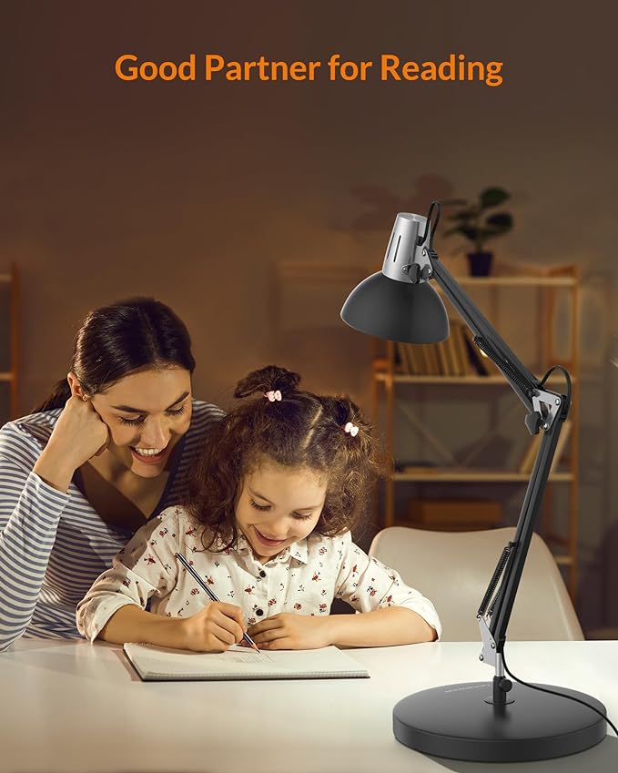 LEPOWER Metal Desk Lamp, Adjustable Goose Neck Architect Table Lamp with On/Off Switch, Swing Arm Desk Lamp with Clamp, Eye-Caring Reading Lamp for Bedroom, Study Room &Office (Black)