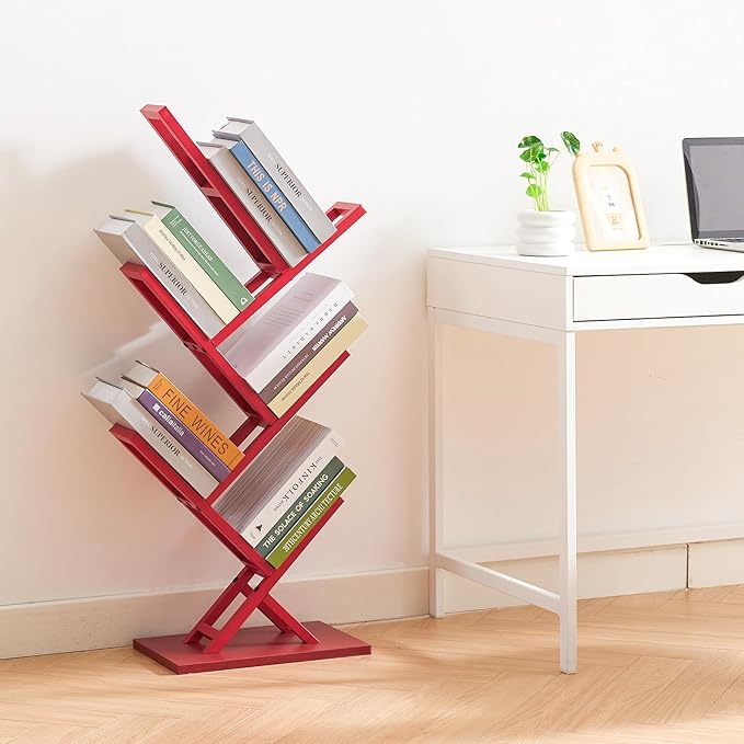 5 Tier Tree Bookshelf, Wisdom Tree Bookshelf, Modern Corner Book Shelfe, Small Bookshelf for Small Spaces, Utility Organizer for CDs/Books/Home Office/Living/Bedroom Room-Red