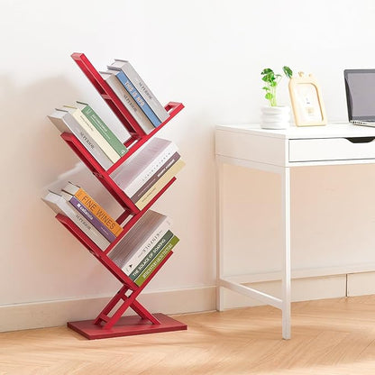 5 Tier Tree Bookshelf, Wisdom Tree Bookshelf, Modern Corner Book Shelfe, Small Bookshelf for Small Spaces, Utility Organizer for CDs/Books/Home Office/Living/Bedroom Room-Red