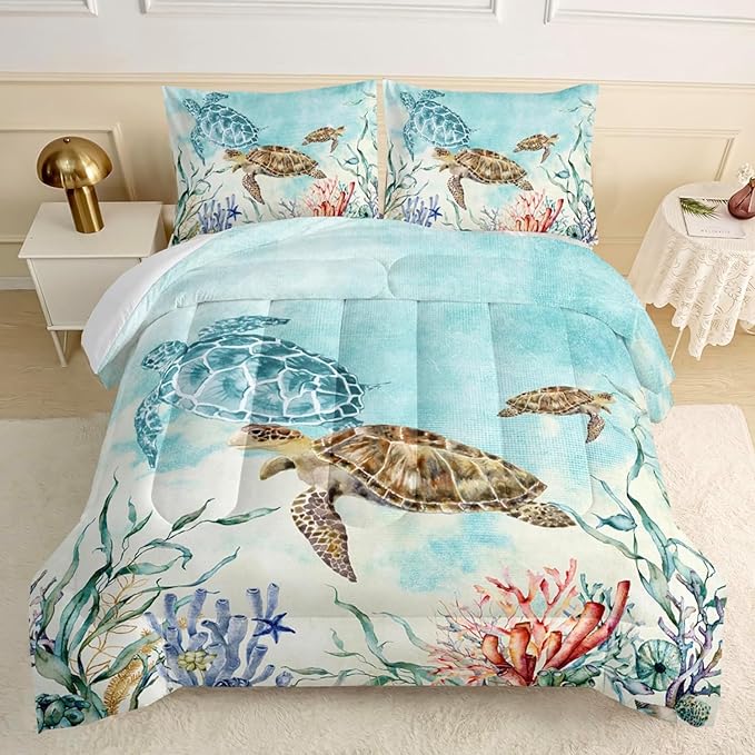 CVHOUSE Sea Turtle Comforter Set,Ocean Watercolor Sea Turtle Bedding Set for Kids Teens,Ocean Sea Turtle Comforter Sea Turtle Duvet Set Room Decor Quilt Set Twin Size