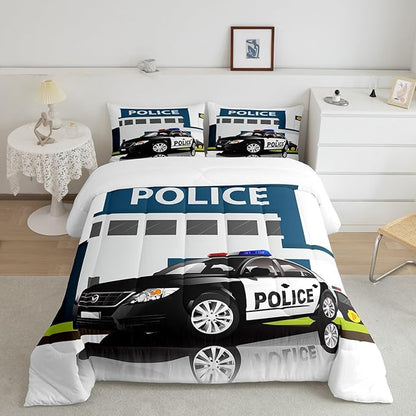 Children Police Car Down Comforter, 3D Car Pattern Comforter Set Queen Size for Kids Boys Girls Teens Bedroom, Cartoon Automobile Quilted Duvet, Decorative 3 Piece Bedding Set with 2 Pillow Cases