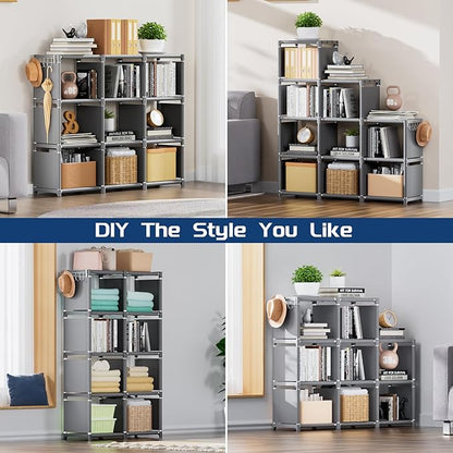Mavivegue Book Shelf, 9 Cube Storage Organizer, DIY Bookcase, Metal Cube Bookshelf, Tall Book case for Bedroom, Living Room, Office, Closet Storage Organizer, Grey Cubicle Storage Rack