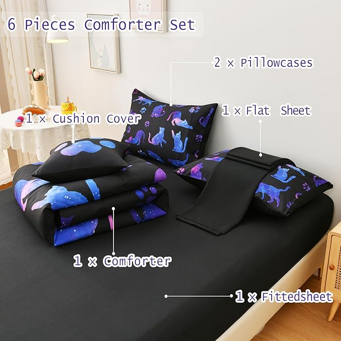 DORCAS Cute Cat Twin Comforter Set for Girls Starry Sky Bedding Sets Twin Girls 6 Pieces Animal Twin Bed-in-A-Bag with Comforter,Sheets,Pillowcases for Kids