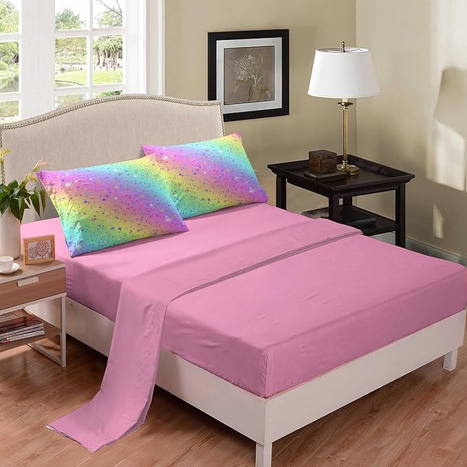 Twin Comforter Set for Girls, Rainbow Comforter Twin, Teen Girl Bedding, Kids Comforter Set for Girls, 5 Pcs Twin Bed in a Bag with 1 Comforter, 1 Flat Sheet, 1 Fitted Sheet and 2 Pillowcases