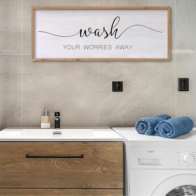 Wash Your Worries Away Bathroom Wall Art 24×10 Inch Wood Framed Decor Funny for Laundry Room Restroom Modern Rustic Inspirational Sign (Wood)