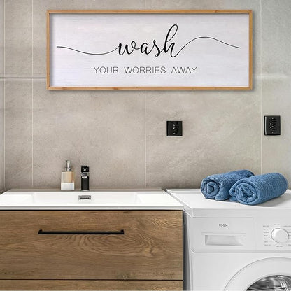 Wash Your Worries Away Bathroom Wall Art 24×10 Inch Wood Framed Decor Funny for Laundry Room Restroom Modern Rustic Inspirational Sign (Wood)