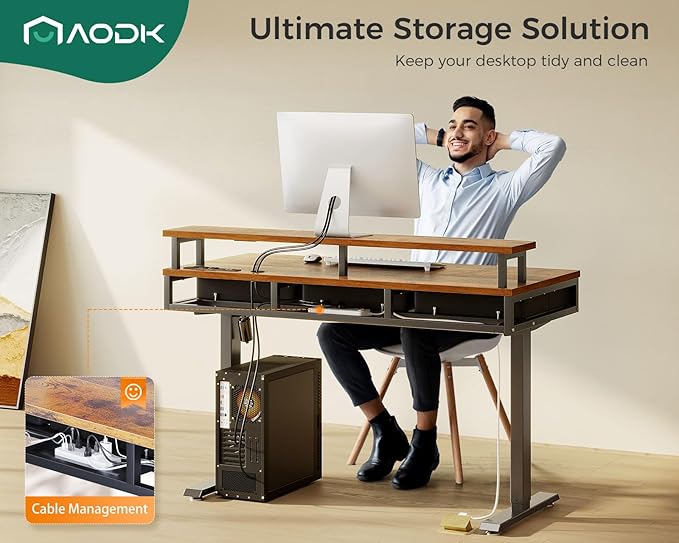 AODK 47 Inch Electric Standing Desk with 3 Drawers, Brown, Height Adjustable Desk with Power Outlets & LED Lights, Stand Up Desk with Monitor Shelf, Sit Stand Desk Computer Workstation