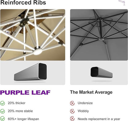 PURPLE LEAF 11 Feet Double Top Deluxe Solar Powered LED Square Patio Umbrella Offset Hanging Umbrella Outdoor Market Umbrella Garden Umbrella, Beige