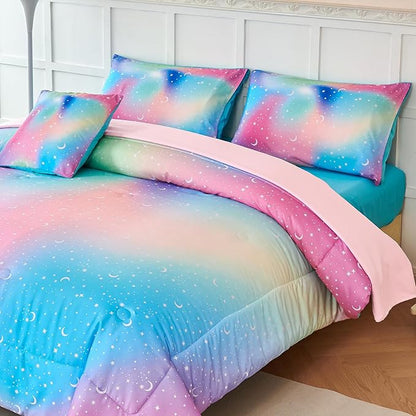 URBONUR Kids Bedding Set Twin Size 6 Pieces Comforter & Sheet Set Colorful Rainbow Tie Dye Stars Printed Girls Bedding Set Ultra Soft Bed Sets