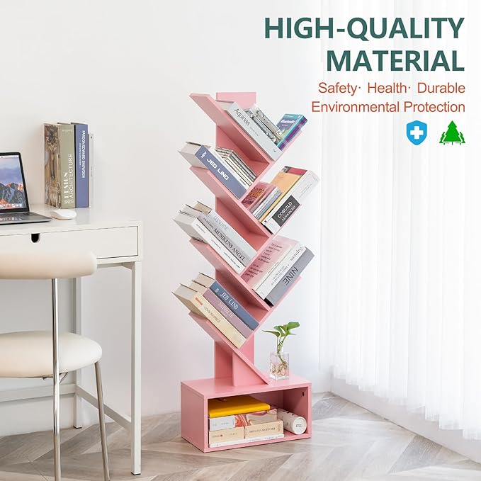 Yoobure Tree Bookshelf - 6 Shelf Retro Floor Standing Bookcase, Tall Wood Book Storage Rack for CDs/Movies/Books, Utility Book Organizer Shelves for Bedroom, Living Room, Home Office Pink