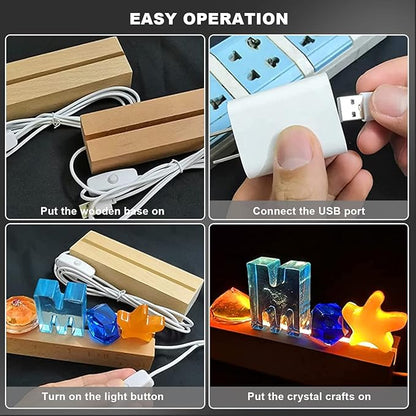 LED Light Display Base, 2 pcs 11.81 Inch Wooden LED Light Base for Acrylic, Rectangle Wood Display Pedestal, 3D Crystal Light Base For Glass Art, Wood Night LED Light Lamp Base with Usb Switch