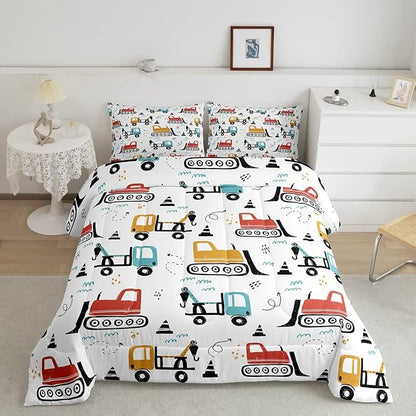 Boys Cartoon Car Comforter Set, Kids Construction Vehicles Comforter for Kids Children Cartoon Truck Bedding Set Cute Cars Teal Red Yellow Quilt Set Bedroom Collection 3Pcs Full Size
