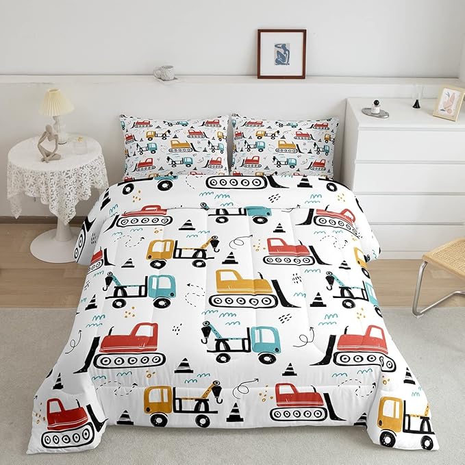 Boys Cartoon Car Comforter Set, Kids Construction Vehicles Comforter for Kids Cartoon Truck Bedding Set Cute Cars Teal Red Yellow Quilt Collection 3Pcs Queen Size Boys