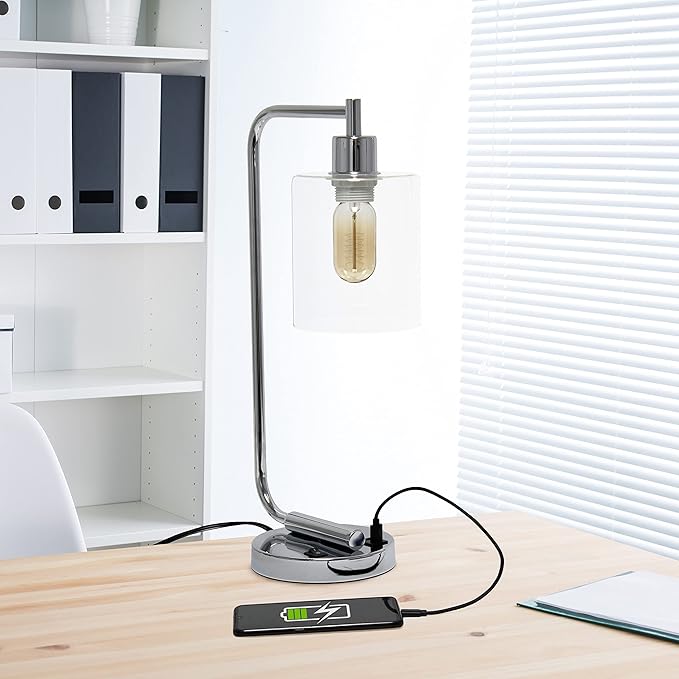 Simple Designs LD1066-CHR-LB Industrial Vintage Bronson Iron Lantern Desk Table Lamp with USB Port and Glass Cylinder Shade for Office, Living Room, Bedroom, Chrome, with Feit LED Bulb Included