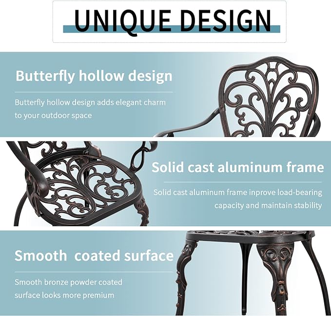 Outdoor Bistro Table and Chairs Set of 2 Cast Aluminum Patio Bistro Set with Umbrella Hole, All Weather Bistro Table Set for Garden, Bronze