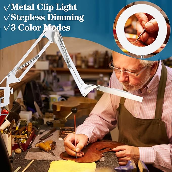 HITTI 【Upgraded】 5X LED Magnifying Lamp, 1,800 Lumens Stepless Dimmable, 3 Color Modes, 8-Diopter 4.2″ Real Glass Lens Magnifier Desk lamp, Magnifying Light and Stand for Crafts, Reading, Close Work
