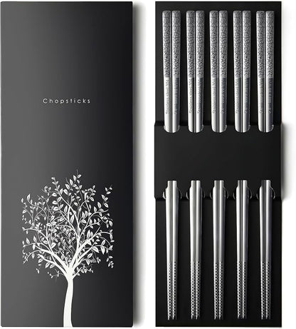 IQCWOOD 5 Pairs 18/8 Stainless Steel Chopsticks – Non-Slip Laser Engraved Metal Chopsticks for Asian Food Sushi Ramen Pho, Reusable & Dishwasher Safe Gift Box