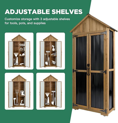 Outdoor Storage Cabinet, Wood & Metal Storage Shed with Weather-Resistant Roof, Adjustable Shelf, Lockable Doors & Adjustable Feet, for Garden, Patio, Backyard, 27.5" x 13" x 67" (Brown+Black)