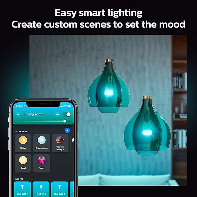 Philips Hue Smart Light Starter Kit - Includes (1) Bridge and (4) 75W A19 E26 LED Smart White and Color Ambiance Bulbs - Control with App - Compatible with Alexa, Google Assistant, and Apple HomeKit