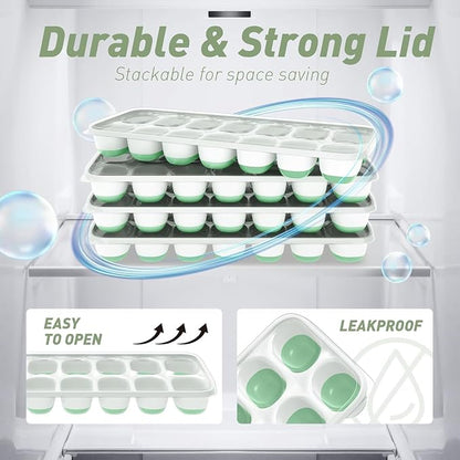 ChefAide Ice Cube Tray with Lid and Bin, 3 Packs 42 Cubes Silicone Plastic Ice Cube Trays for Freezer, Stackable Ice Tray with Container, Ice Scoop for Drinks, Coffee and Cocktails