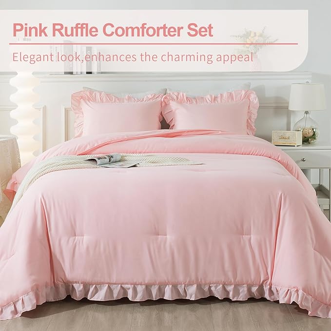 Andency Pink Comforter Set Queen Size, 3 Pieces Solid Pink Ruffle Shabby Chic Comforter Set for Queen Bed, All Season Vintage Rustic Soft Microfiber Bedding Set for Women Girls