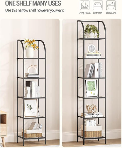 Bookcase Bookshelf, Tempered Glass Arched Bookshelf for More Storage, Slim Shelving Unit for Bedroom, Bathroom, Home Office, Steel Frame, 5 Tier Black BC20599B